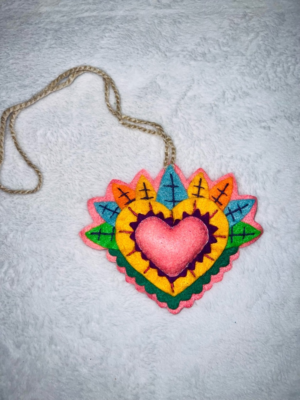 Hand Crafted Pink Sacred Heart Multicolor Felt Purse Ornament